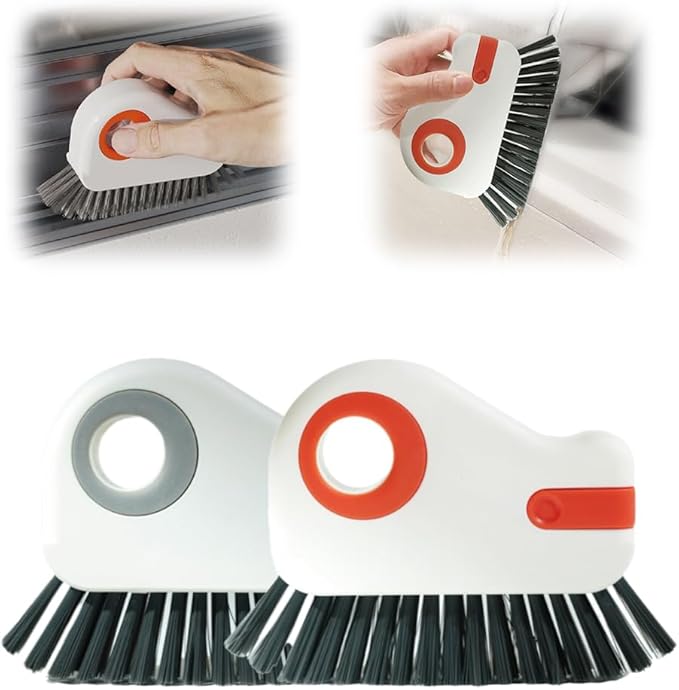 2 in 1 Groove Cleaning Brush, 2025 New Window Track Cleaning Tools, Multifunction Hard Bristle Cleaning Brush with Hidden Scraper for Sliding Door Track, Window Sill, Window Seal (Grey+Orange)