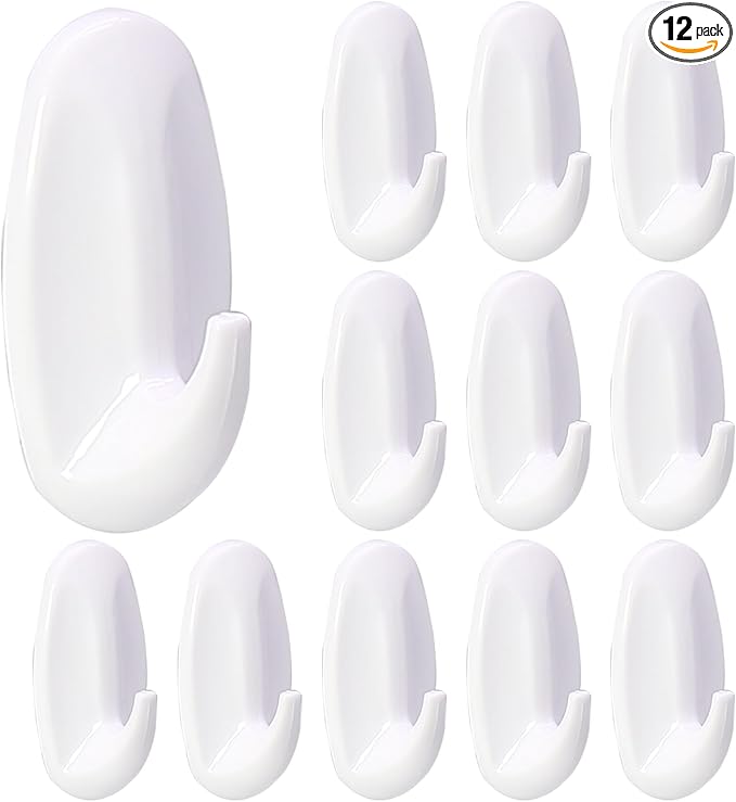 12 Pack Small Utility Hooks, Holds up to 1.5 lb, Damage Free Hanging Hooks Removable Wall Hooks Self Adhesive Hooks, Heavy Duty Sticky Hooks for Hanging Garland Hat Key Coat Wreath Towel