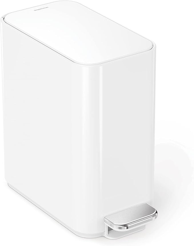 simplehuman Small Bathroom Trash Can with Lid, Stainless Steel Waste Basket, 5 Liter / 1.3 Gallon, White