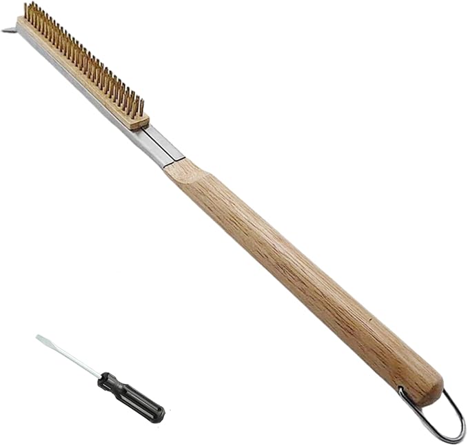 21 Inch Pizza Oven Brush with Scraper, Brass Bristles, Outdoor BBQ Grill Cleaning Brush Copper Wire Pizza Stone with 1 Screwdriver Outdoor Oven Accessories