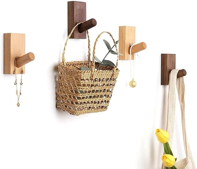 HomeDo 8Pack Adhesive Wall Hooks Hat Rack, Wooden Coat Hooks Wall Mounted, Decorative Hooks Single Organizer Hat Hanger Towel Rack, Heavy Duty Hooks (Rectangle-Walunt,8Pack)