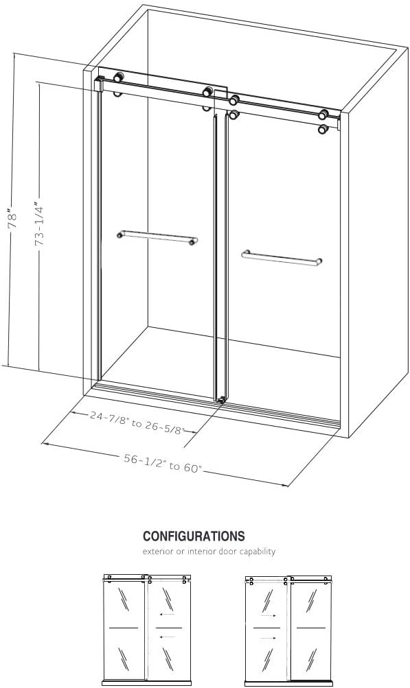 Monaco 56.5-60" W x 78" H 3/8" Twinglide Frameless Shower Door with Tempered Rain Glass (Brushed Nickel)