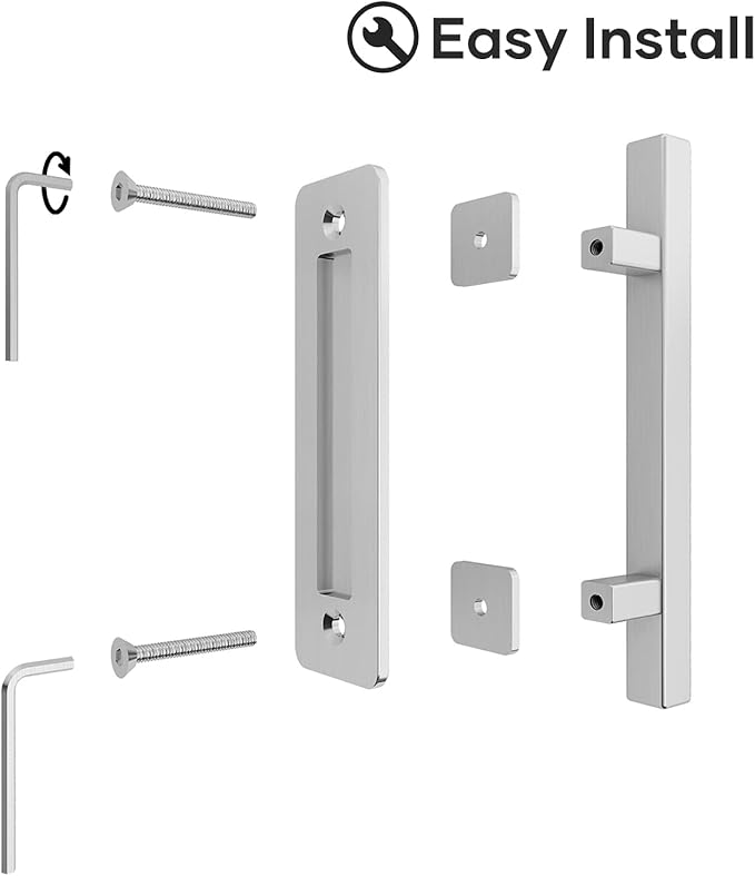 EaseLife 12" Stainless Steel Sliding Barn Door Pull Handle with Flush Hardware Set,Double Sided,Brushed Finish,Square,2 Pack