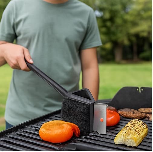 3-in-1 Grill Brush with Scraper, Wire Bristles & Scouring Pad – 18” BBQ Cleaner Tool with Long Handle – Heavy-Duty Grill Cleaning Brush for Barbecue, Gas & Charcoal Grills