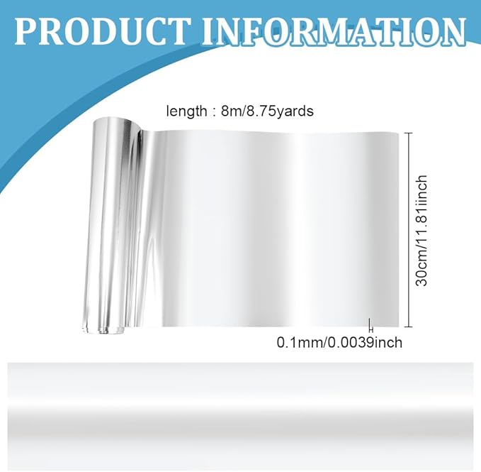BEUNITONE 8 Metre Heavy Duty Silver Foil Roll, 0.1mm Thick Flexible Aluminium Sheet for Embossing Art, DIY Craft Projects, Practical Home Repairs and Creative Gift Wrapping (11.8 inch X 26.3ft,Silver)