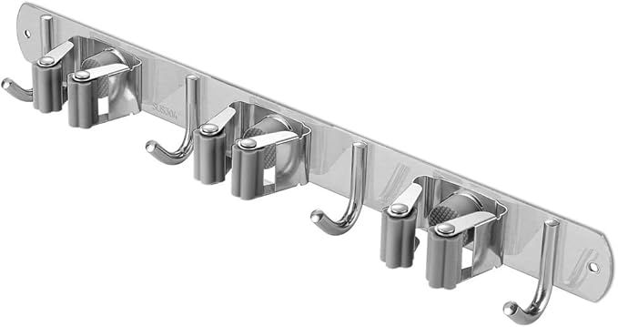 Broom Closet Organizer Wall Mounted, Fyrcomft Heavy Duty Stainless Easy Install Broom Mop Holder with 3 Racks 4 Hooks (Grey)