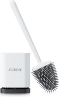 ASOBEAGE Deep Cleaner Toilet Brush: Silicone Toilet Brush with No-Slip Long Plastic Handle and Flexible Bristles, Quick Drying Holder Set for Toilet（White）