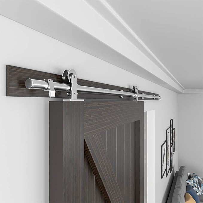 WINSOON Barn Door Hardware Kit 8FT: Brushed Nickel Heavy-Duty Smoothly Quietly Low Profile - Stainless Steel Sliding Door Track for in/Exterior - Easy Assemble Top Mount Barn Door Kit for DIYers