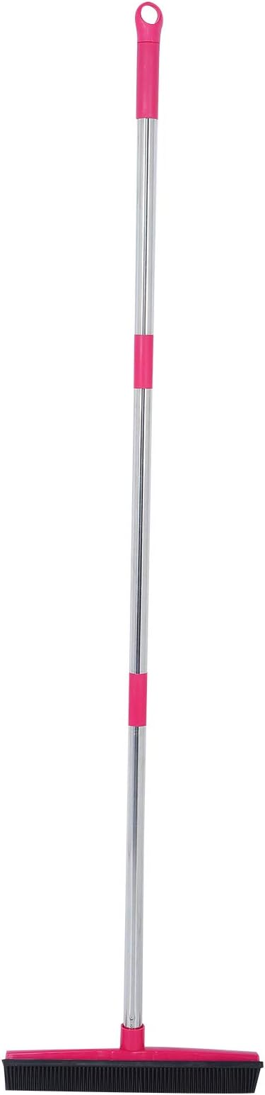 Pet Hair Remover, Carpet Rake for Pet Hair Removal, 2 in 1 Removal Tool of Rubber Broom and Squeegee for Floor, Length Adjustable Push Broom, Pet Dog and Cat Hair Remover (Pink)