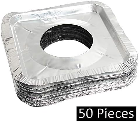 50 Pack Aluminum Foil Square Stove Burner Covers Disposable Heavy Thick Quality Bib Liners Drip Pans Gas Range Top Protectors 8.5”