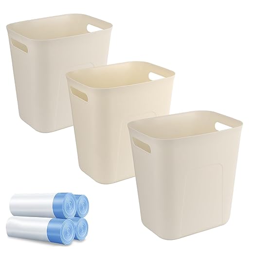 UUJOLY Small Bathroom Trash Can with Trash Bag Wastebasket Garbage Can for Bathrooms, Laundry Room, Kitchens, Offices, Kids Rooms, Dorms, 3.5 Gallons, 3 Pack (Beige)