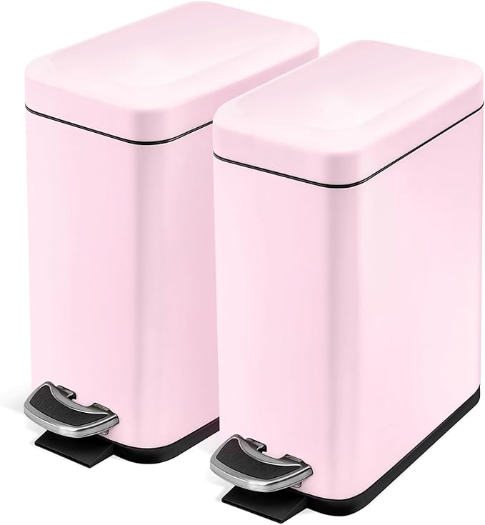Home Zone Living 2-Pack 1.3 Gallon Small Pink Bathroom Trash Can with Lid and Step Pedal, Stainless Steel Wastebasket with Slim Design for Home and Office, 5 Liters