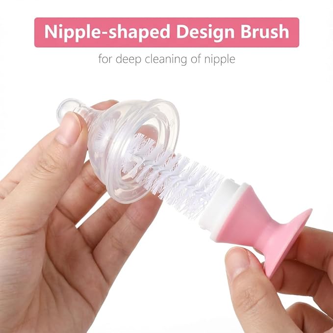 4-in-1 Baby Bottle Brush Set, Including Nylon Bottle Brush, Cap, Straw, Nipple Brushes, BPA-Free (Pink)