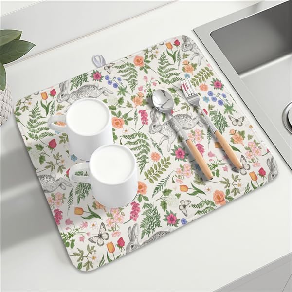 Easter Bunny Dish Drying Mat for Kitchen Counter,Colorful Flowers Sage Green Leaves Vintage Botanical Plants Drying Mat 16 x 18 Inch with Absorbent Reversible Microfiber Drying Pad for Coffee Bar