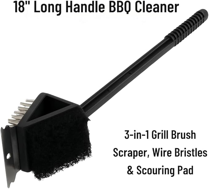 3-in-1 Grill Brush with Scraper, Wire Bristles & Scouring Pad – 18” BBQ Cleaner Tool with Long Handle – Heavy-Duty Grill Cleaning Brush for Barbecue, Gas & Charcoal Grills