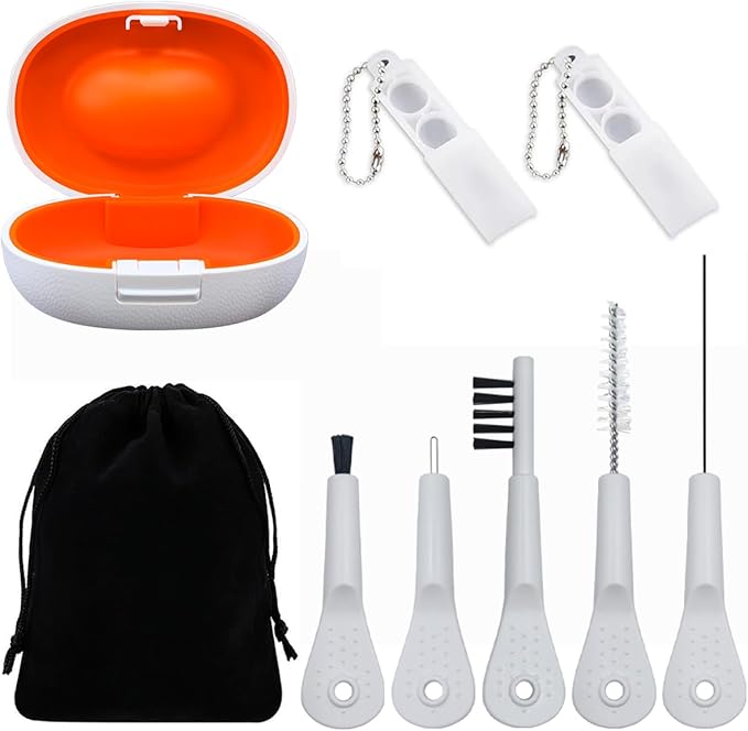 9 Pieces Hearing Aid Case Portable Storage Box with Cleaning Brush Kit Tools and Hearing Aid Battery Case (White)