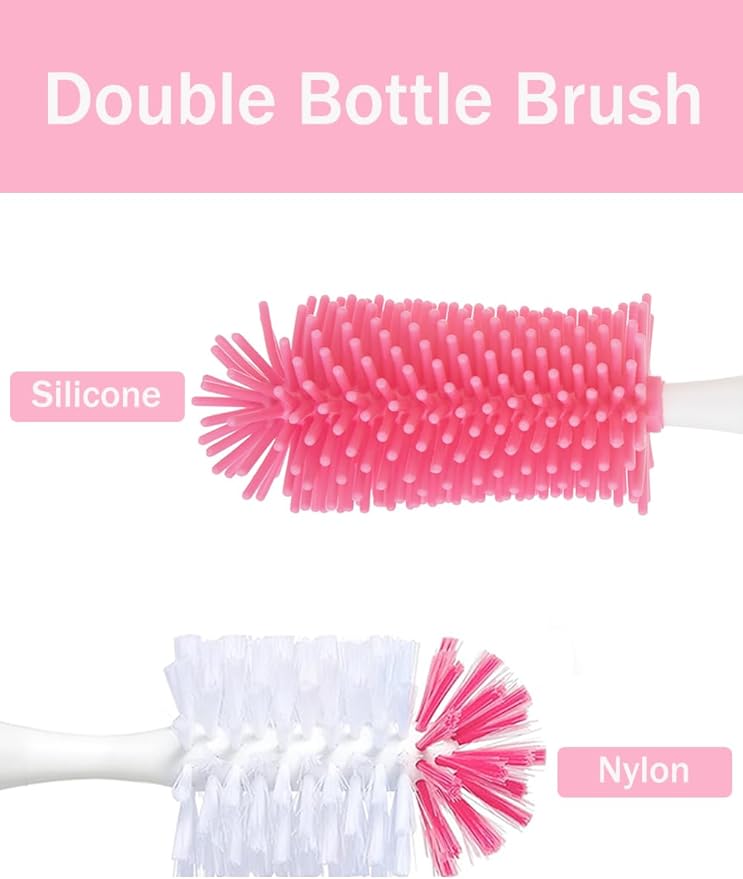 5 in 1 Bottle Cleaner Brush Set with Nylon and Silicone Bottle Brush, Straw Brush, Bottle Brush with Nipple Cleaner and Suction Cup, Cup Lid Cleaner Brushes Kit, BPA-Free (Pink)