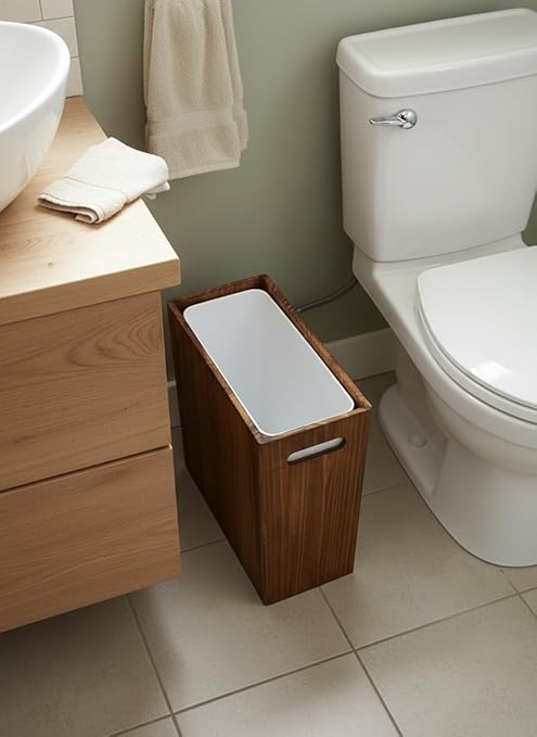 3 Gallon Wooden Trash Can with Liner,Small Solid Wood Bathroom Trash Can,Narrow Garbage Can,Decorative Waste Basket for Bathroom,Bedroom,Office