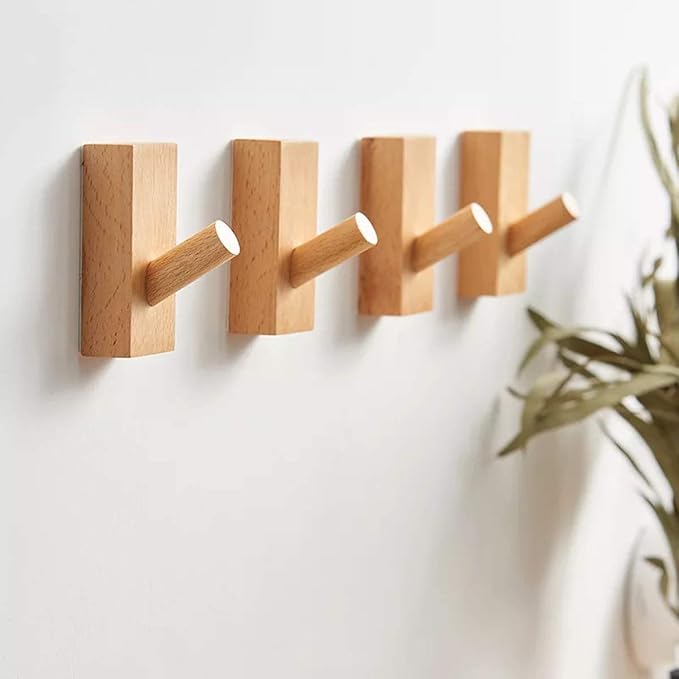 HomeDo 10Pack Adhesive Wall Hooks Hat Rack, Wooden Coat Hooks Wall Mounted, Decorative Hooks Single Organizer Hat Hanger Towel Rack, Heavy Duty Hooks (Rectangle-Beech,10P)