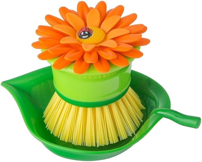 Vigar Flower Palm Dish Scrub Brush with Holder, Perfect Kitchen Brushes for Dishes, Sink Brush and Cleaning Brushes for Household Use, Orange, Green
