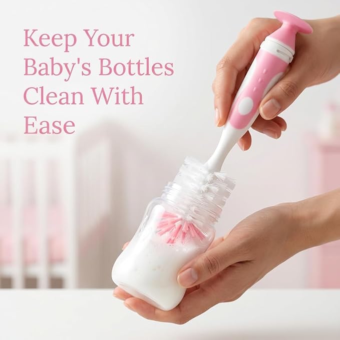 5-in-1 Baby Bottle Brush Set, Including Nylon and Silicone Bottle Brush, Cap, Straw, Nipple Brushes, BPA-Free (Pink)