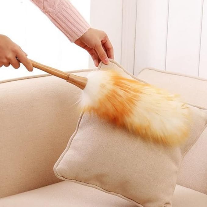 2 Pack Lambswool Duster with Solid Wooden Handle-12''Long Natural Feather Duster with Flexible Head - Anti-Static Cleaning Tool for Ceiling Fans, Window Blinds, Computer Screens, Bookshelves