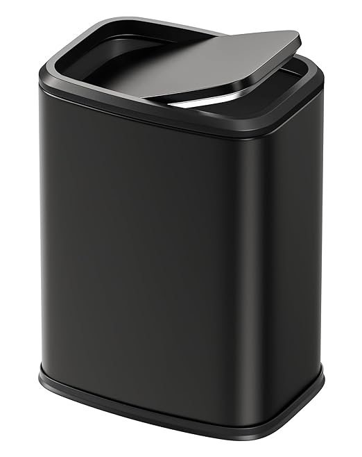Cesun Small Bathroom Trash Can with Swing-Top Lid,8L/2.1 Gallon Stainless Steel Garbage Can with Removable Inner Bucket, Slim Waste Basket for Home, Office, Toilet, Bedroom, Living-Room (Black)