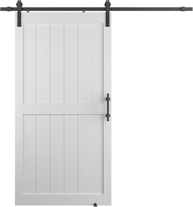 42''x84'' Sliding Barn Door with 7 Ft Barn Door Hardware Kit& Handle& Floor Guides,Pre-Drilled Holes Easy Assembly - Include Installation Manual, Water-Proof PVC Surface, H-Frame, White