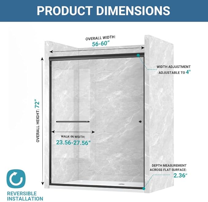 Glass Sliding Shower Door 56-60" W x 72" H, Semi Frameless Double Sliding Bathroom Shower Door, 1/4"(6mm) Clear Tempered Glass, Nano Easy Cleaning Coated, ANSI Cerified, Matte Black