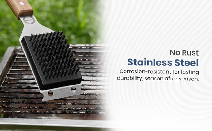 Strong BBQ Grill Brush and Scraper – Heavy-Duty Grill Cleaner with Long Wooden Handle & Replaceable Stainless Steel Bristles – Fast Deep Cleaning, Safe for All Grills – No-Scratch Outdoor Grill Brush