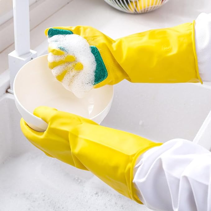 2 Pairs Latex Gloves Kitchen Dishwashing Gloves Kitchen Latex Gardening Scouring Pad
