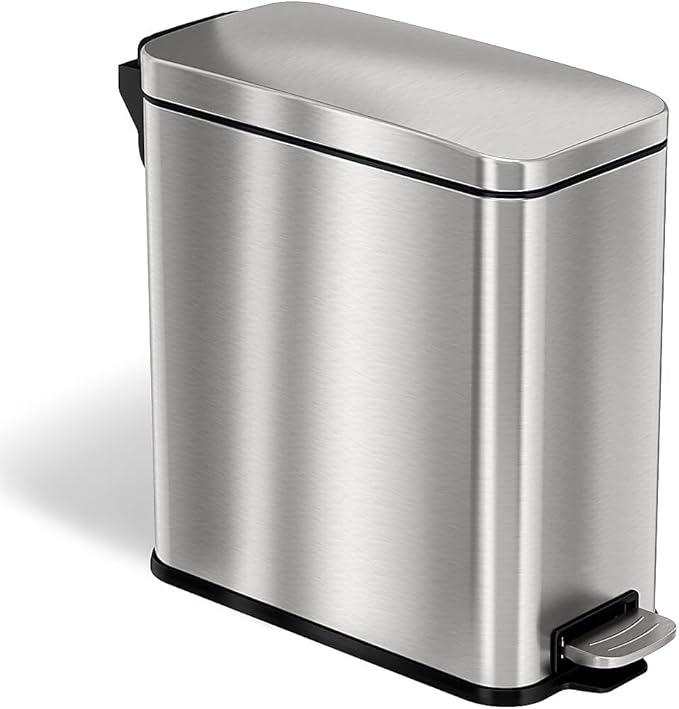 iTouchless 3 Gallon Slim Bathroom Trash Can with Lid & Odor Control, Soft-Step Stainless Steel Pedal Bin for Narrow Space, Fingerprint-Proof Wastebasket for Office, Nursery, Under Sink, Brushed Silver