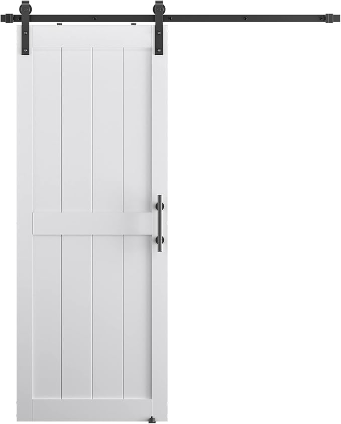 32''x96'' Sliding Barn Door with 6 Ft Barn Door Hardware Kit& Handle& Floor Guides,Pre-Drilled Holes Easy Assembly - Include Installation Manual, Water-Proof PVC Surface, H-Frame, White