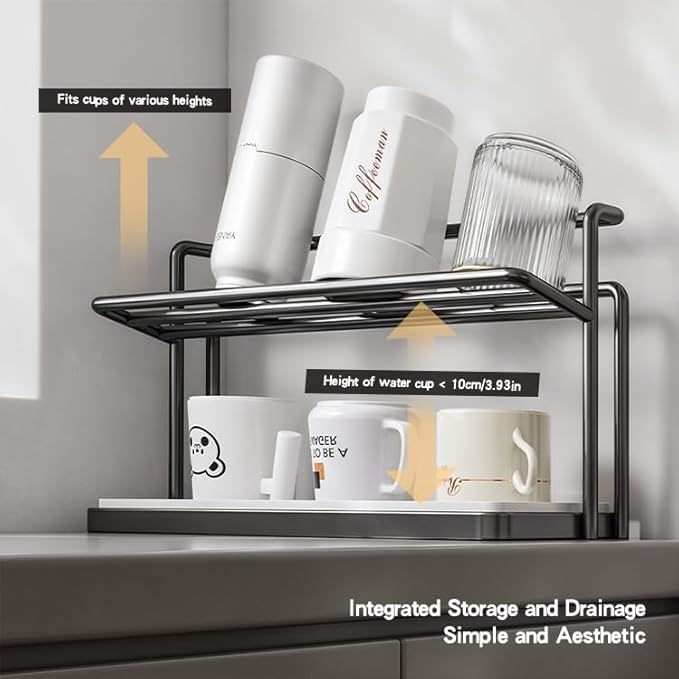 2-Tier Space-Saving Drain Rack with Removable Tray, Cup Storage Rack for Kitchen Sink, Dish Drying Organizer (Black)