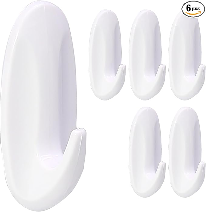 6 Pack Medium Utility Hooks, Holds up to 2.5 lb, Damage Free Hanging Hooks Removable Wall Hooks Self Adhesive Hooks, Heavy Duty Sticky Hooks for Hanging Garland Hat Key Coat Wreath Towel