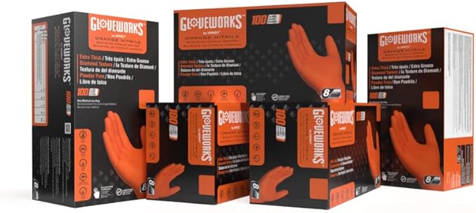 GLOVEWORKS 8 Mil Orange Nitrile Disposable Gloves Heavy Duty Industrial RDT for Mechanic and Automotive Shops Latex Free