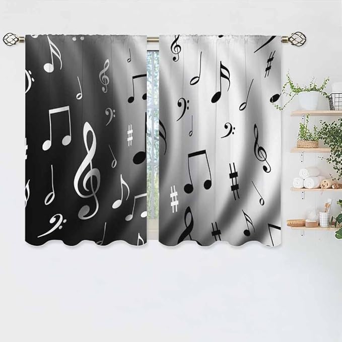 Modern Kitchen Curtains Black and White Music Notes Dancing Short Tier Curtains for Bathroom Cafe Small Window Drapes Treatment 2 Panels (27.5x39 Inch)