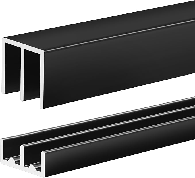 Landical 1 Set 4 ft Black Aluminum Sliding Door Track Set for 1/4" Thick Panels Closet Glass Doors Cabinet Window Aluminum Alloy Metal Sliding Track
