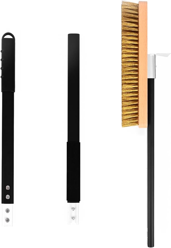 Large Pizza Oven Brush with Scraper, 10.7" Length Brass Bristles Grill Brush with 37 or 52.8 Inch Long Handle, Backyard Pizza Oven Accessories
