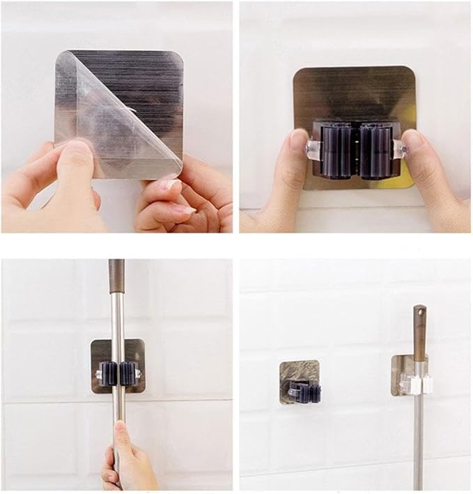 SEIWEI 3 Pcs Wall Mounted Mop Holder Self-Adhesive Broom and Mop Grippers Saving Space Mop Broom Organizer for Hang Brooms, Mops, Cleaning Brushes, Umbrellas(Single white)