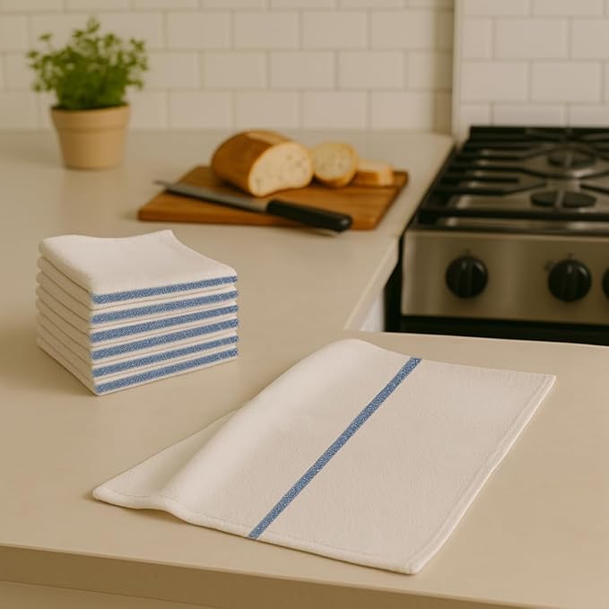 ZUPERIA Bar Mop Towels - 36 Pack (16"x19") - 100% Cotton High Absorbency Kitchen Towels – Reusable Dish Cloths, Quick-Dry Rags with Blue Stripe – Ideal for Restaurants, Cooks, Bartenders & Homes