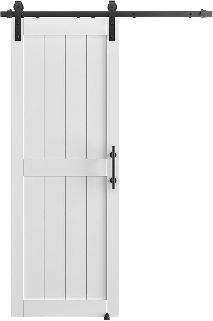 30''x84'' Sliding Barn Door with 5 Ft Barn Door Hardware Kit& Handle& Floor Guides,Pre-Drilled Holes Easy Assembly - Include Installation Manual, Water-Proof PVC Surface, H-Frame, White