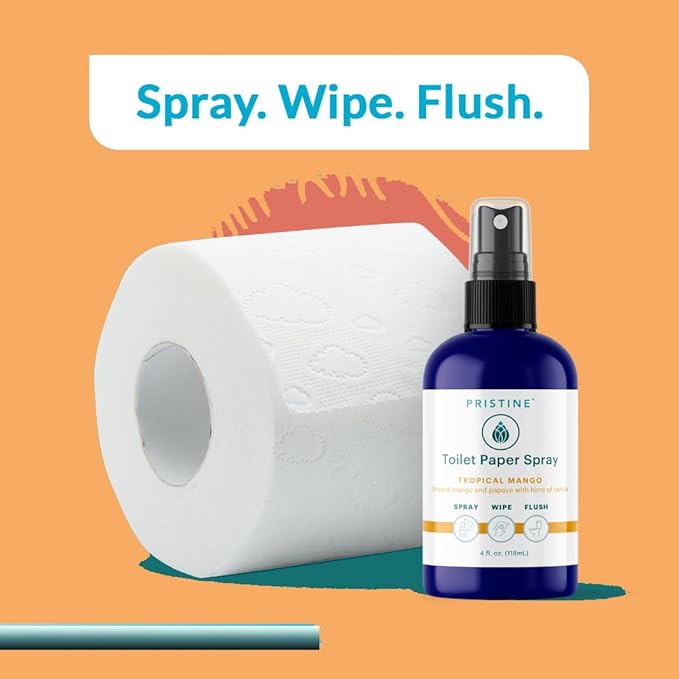 PRISTINE Toilet Paper Spray - As Seen on Shark Tank, More Natural Personal Cleansing Wipes & Flushable Wet Wipes Alternative, Spray Toilet Paper to Create Flushable Wipe, Tropical Mango, 32 fl oz