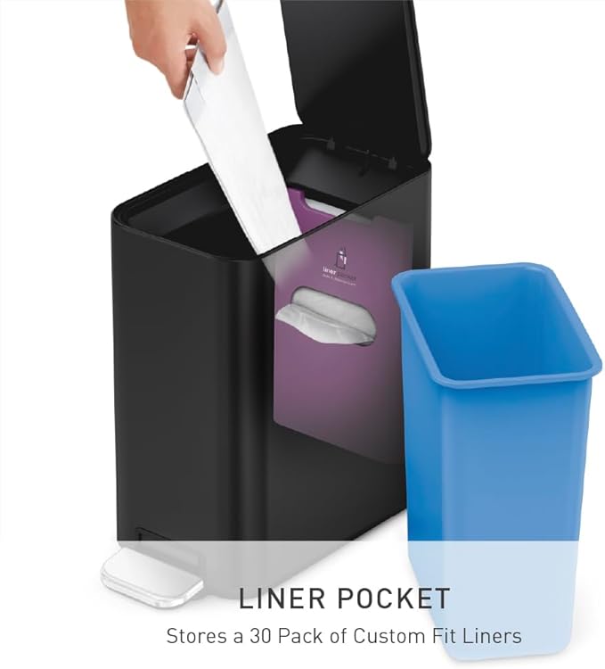 simplehuman 5L Slim Bathroom Trash Can with Soft Close Lid, Stainless Steel Waste Basket with Liner Pocket, 5 Liter / 1.3 Gallon, Matte Black