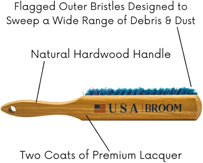8 Inch USA Bench Broom, Counter Brush, Chemical Resistance Bristles, Two Coats of Premium Wood Lacquer, American Hardwood Handle, Wood Working Brush, Soft Fine Dust Bristles,100 Percent Made in USA