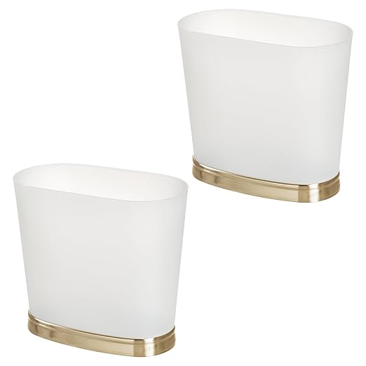iDesign Slim Bathroom Trash Can, Small Plastic Garbage Can for Bedroom, Office, Desk, or Dorm, 2-Pack, Frost/Soft Brass
