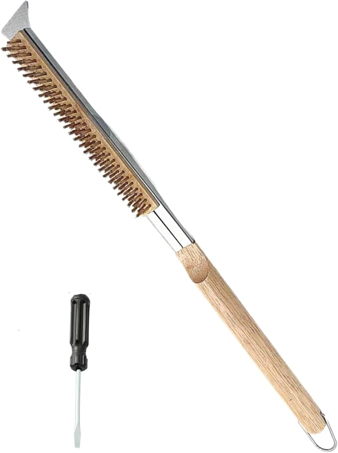 21 Inch Pizza Oven Brush with Scraper, Brass Bristles, Outdoor BBQ Grill Cleaning Brush Copper Wire Pizza Stone with 1 Screwdriver Outdoor Oven Accessories