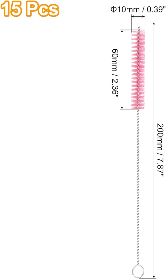uxcell 15Pcs Drinking Straw Cleaning Brushes, 8" x 3/8" Nylon Bristles Long Straw Brush Pipe Cleaner for Washing Straws Pot Spout, Sippy Cup, Bottle and Tube (Pink)