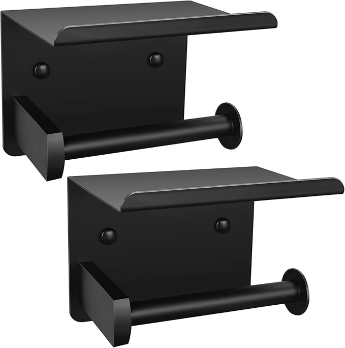 2pcs Matte Black Toilet Paper Holder with Shelf, Screw or Self Adhesive Toilet Paper Holder Wall Mount,