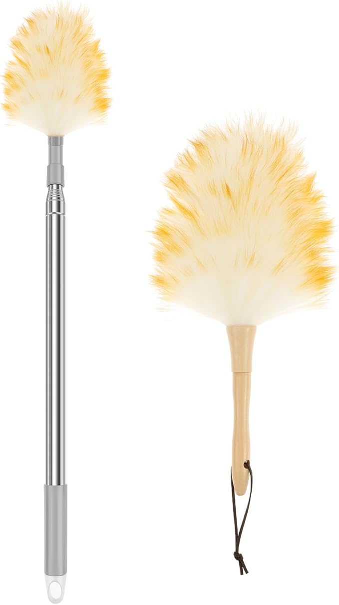 2Pcs Sofa Cleaning Lambswool Duster, Feather Duster for Cleaning Fans, Reusable Table Cleaning Faux Lambswool Duster with Retractable Pole for Photo Frames and Furniture